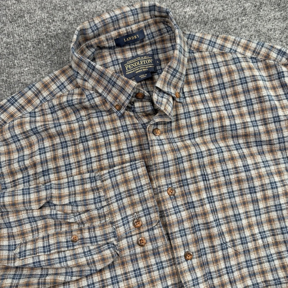 Pendleton Landry Plaid Button Down Shirt Mens L Blue Brown Wool Casual
